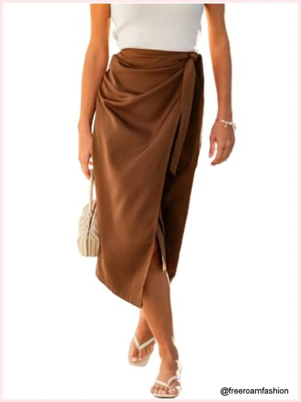 Wrap Front Midi Skirt Flowy Self Tie Knot A Line Long Skirt